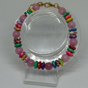 Handmade Gold Wire Bracelet with Pink Jade and Clay Flower Beads